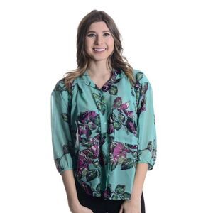 Lavender Brown Floral Chiffon Blouse Button Front